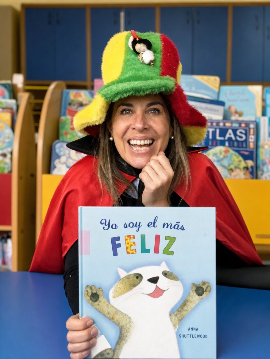 Miss leyendo un cuento disfrazada en la biblioteca